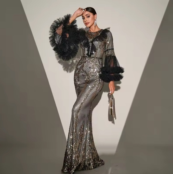 Silver Sequin Gown with V-Neck and Bishop Sleeves - Picture 12 of 15